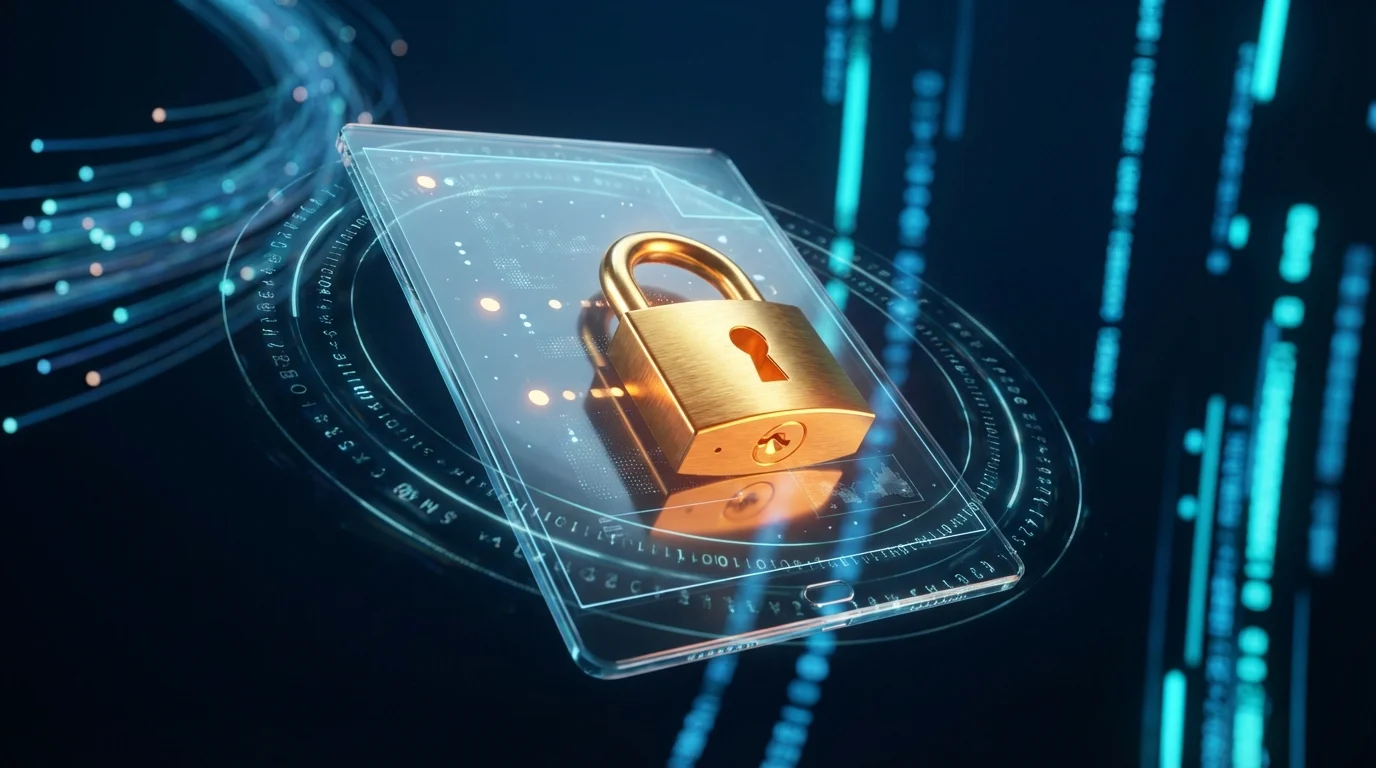 क्रिप्टोग्राफ़िक लॉक प्रतीक द्वारा संरक्षित एक सुरक्षित डिजिटल दस्तावेज़ को दर्शाने वाला ग्राफ़िक।