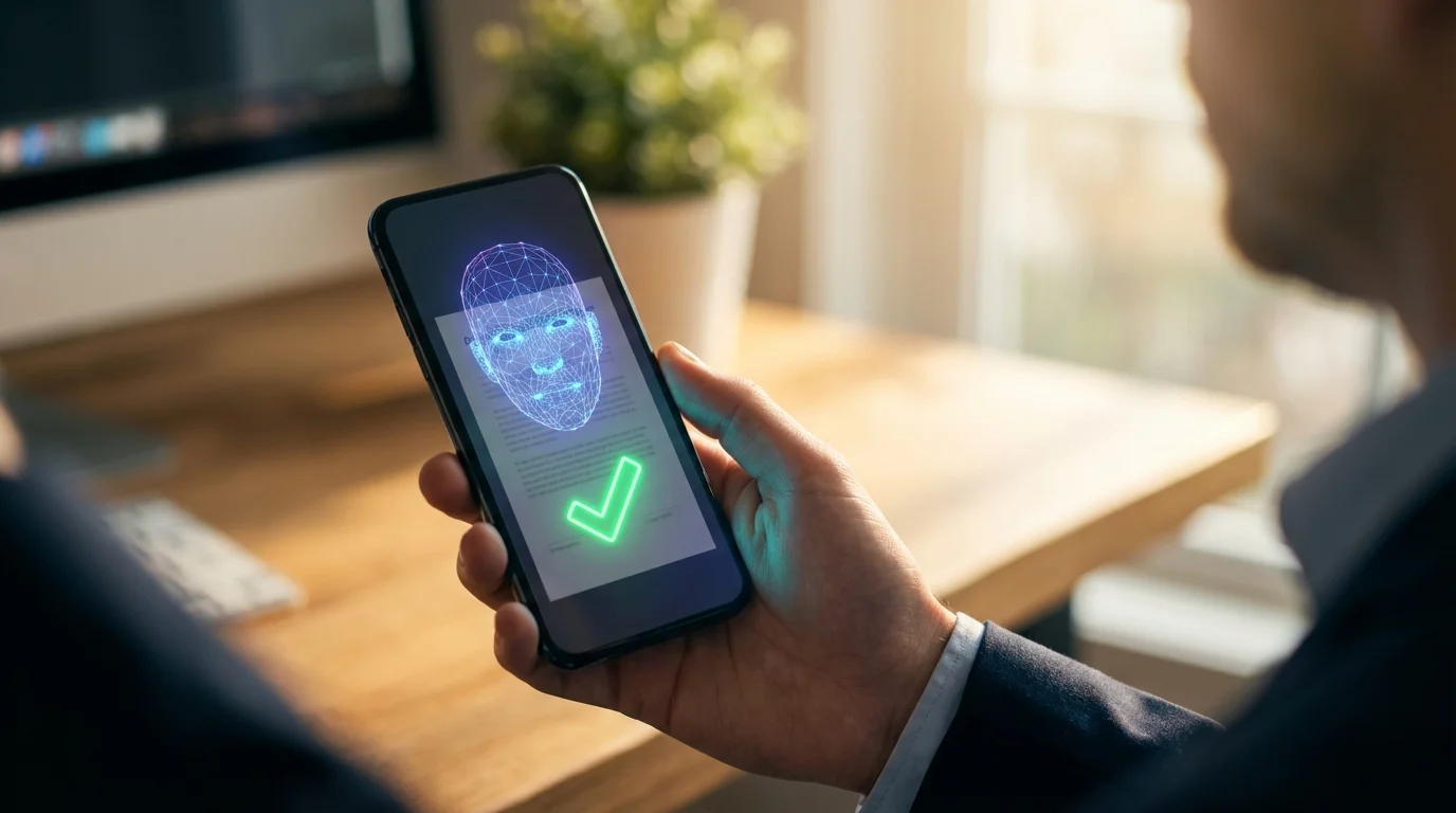 एक इलेक्ट्रॉनिक हस्ताक्षर को अधिकृत करने के लिए बायोमेट्रिक फेशियल रिकग्निशन का उपयोग करने वाला स्मार्टफ़ोन पकड़े हुए एक व्यक्ति।