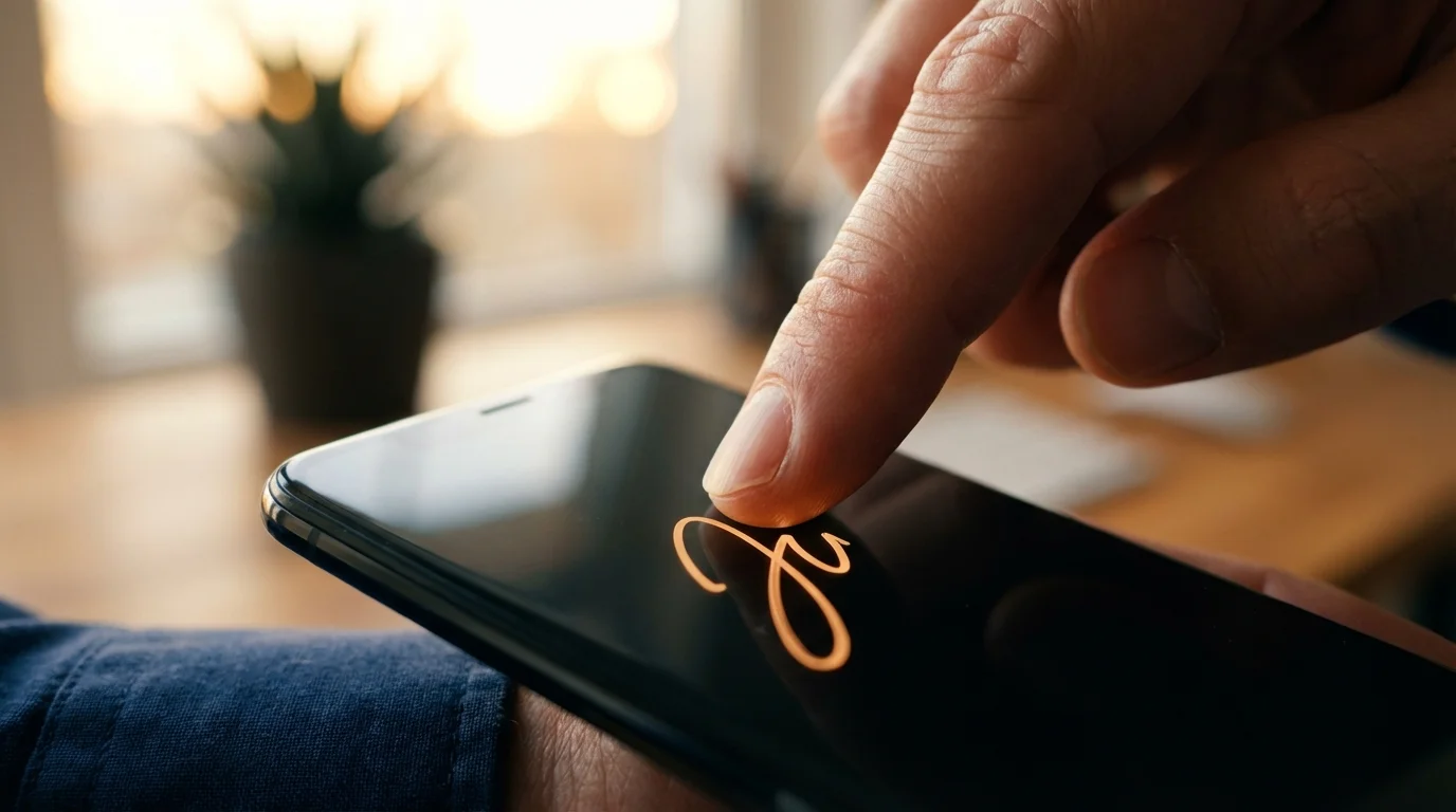 Prim-plan al unei persoane care desenează o semnătură pe ecranul tactil al unui smartphone.