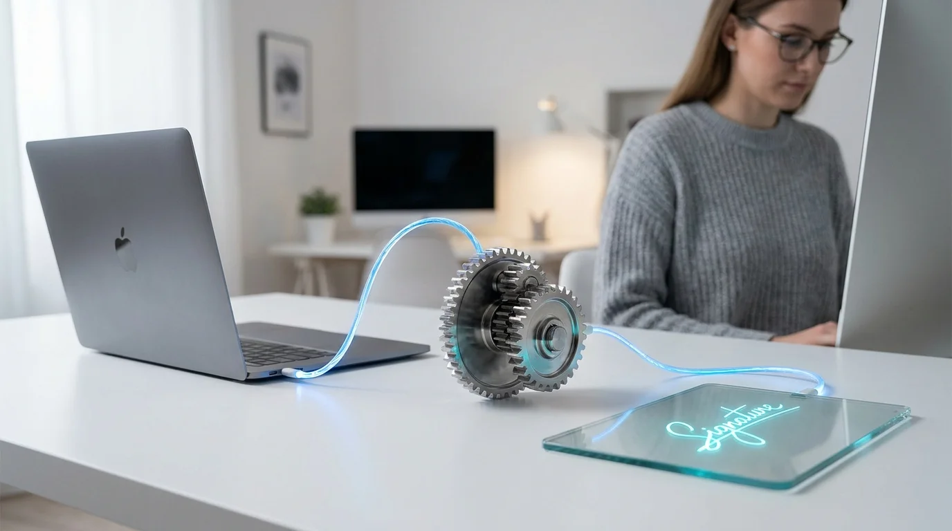 Flödesschema som visar hur ett onboarding-formulär för klienter automatiskt genererar ett juridiskt kontrakt via API