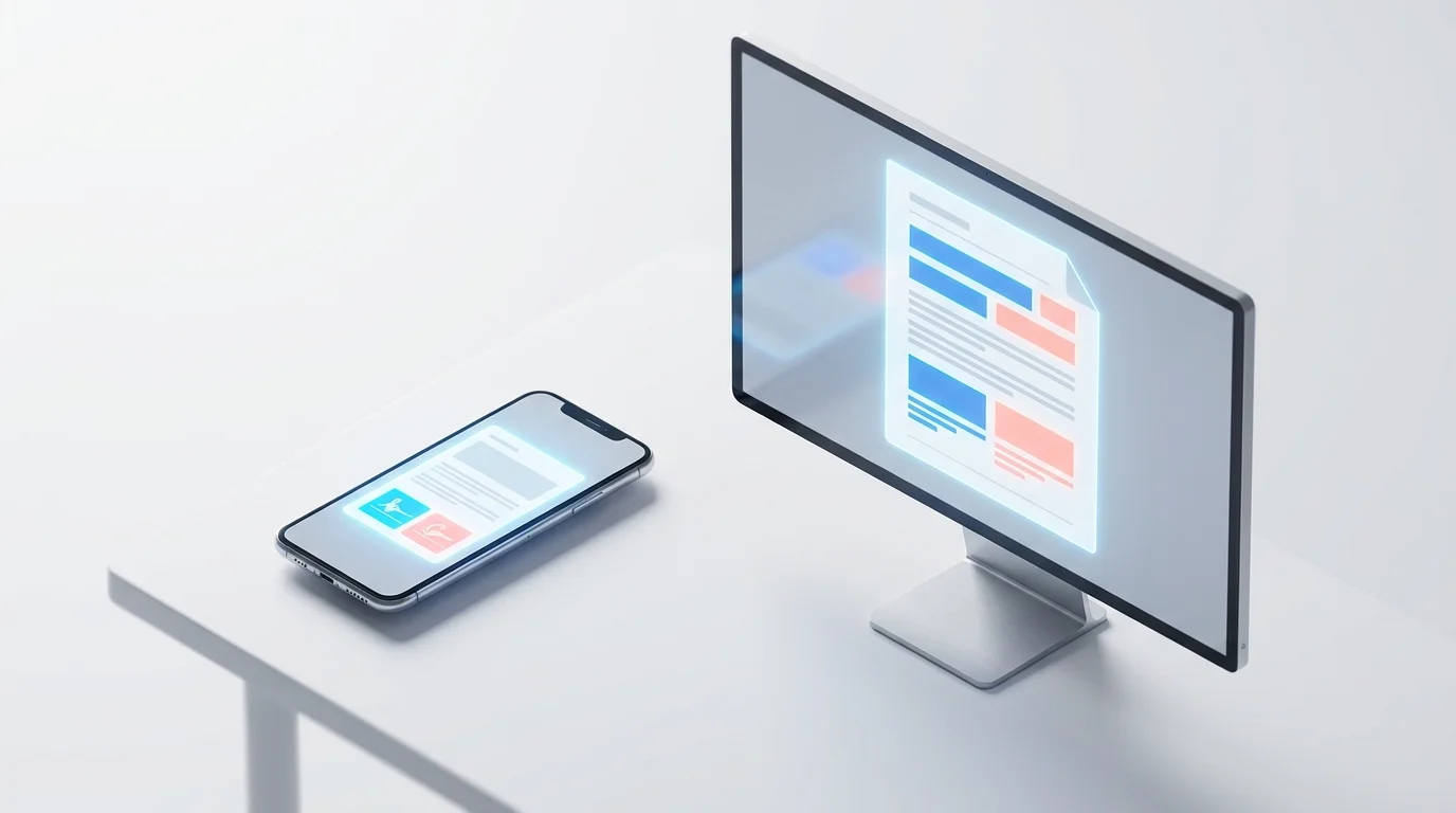Sida vid sida-vy av Signature Maker-mobilappen och instrumentpanelen för mallautomatisering på skrivbordet