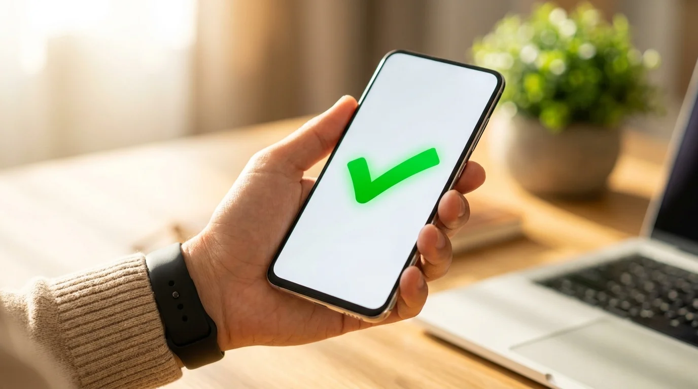 Frilansare som håller i en smartphone och tar emot meddelande om att det automatiserade kontraktet är slutfört