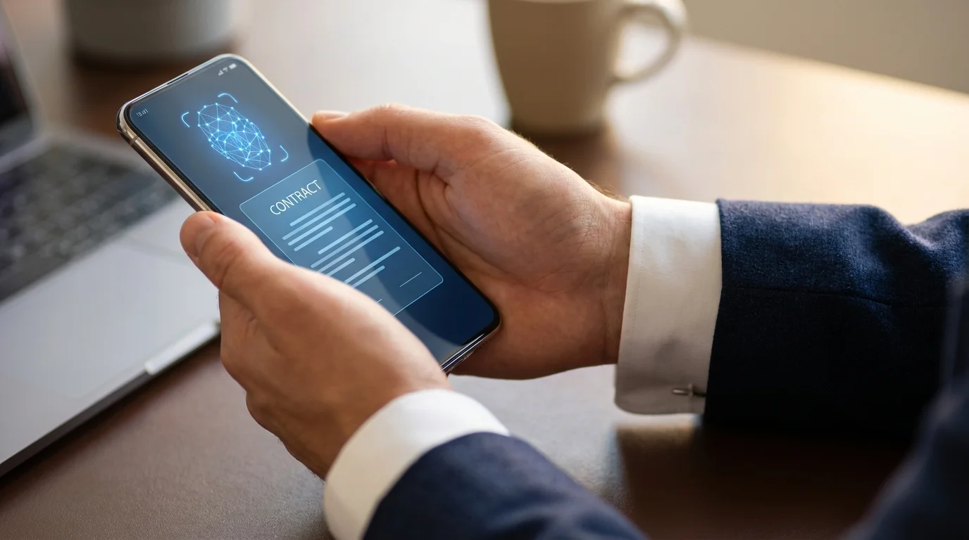 Person using biometric face ID to authenticate and sign a contract on their smartphone