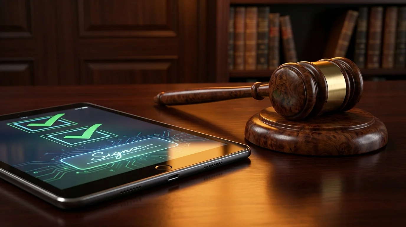 Um martelo de juiz de madeira ao lado de um tablet mostrando uma trilha de auditoria de assinatura eletrônica
