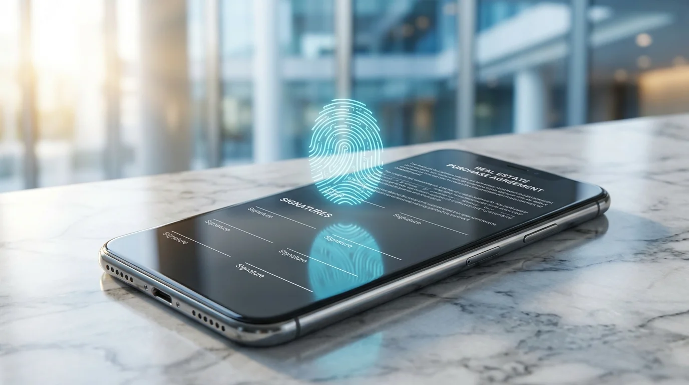 Uma tela de celular mostrando um contrato imobiliário autorizado por impressão digital biométrica