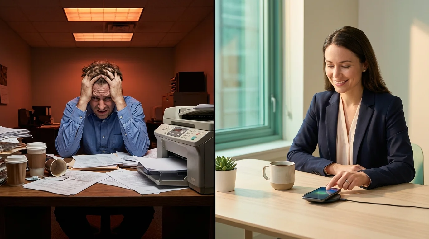 Comparison between legacy printing workflows and frictionless mobile document signing.