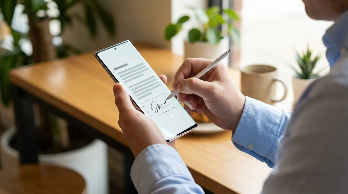 Freelancer používající dotykovou obrazovku smartphonu k podpisu elektronické smlouvy v mobilní aplikaci