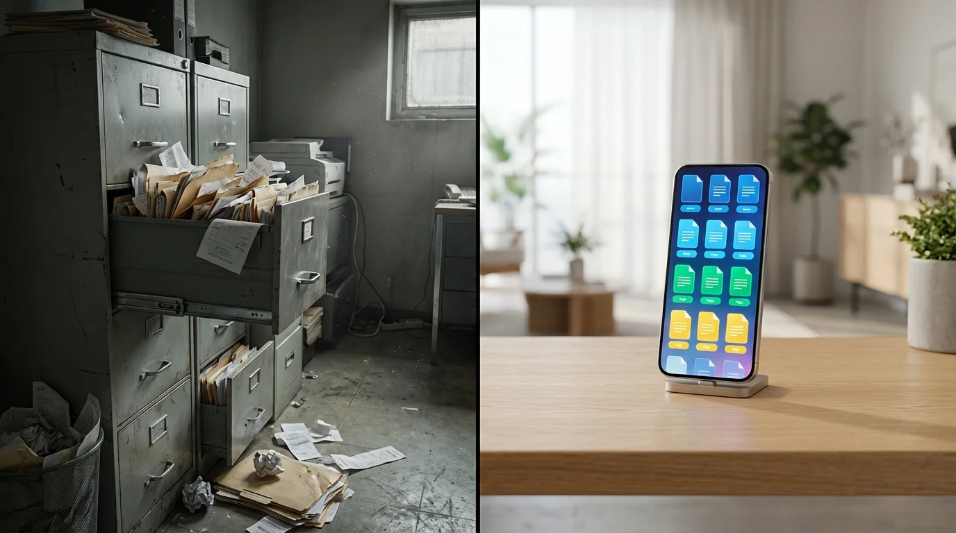 So sánh giữa một tủ hồ sơ vật lý bừa bộn và một kho lưu trữ hợp đồng kỹ thuật số có tổ chức trên ứng dụng di động