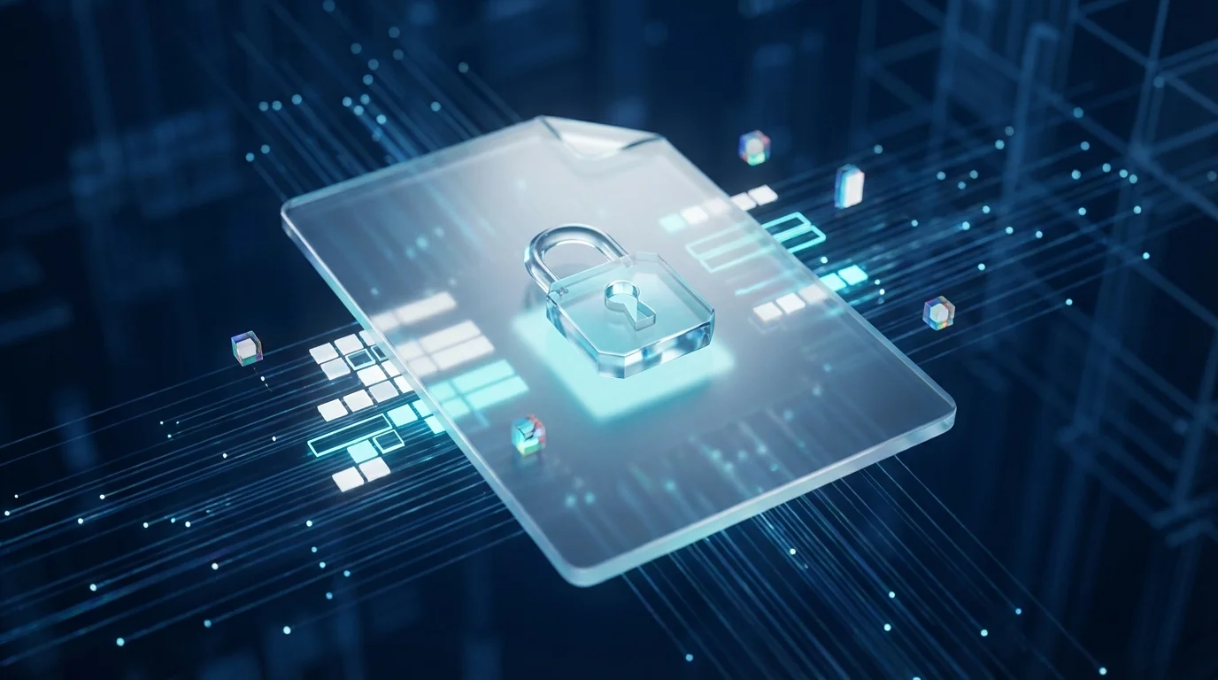 Minh họa kỹ thuật trừu tượng về một tệp PDF an toàn tích hợp các thẻ metadata